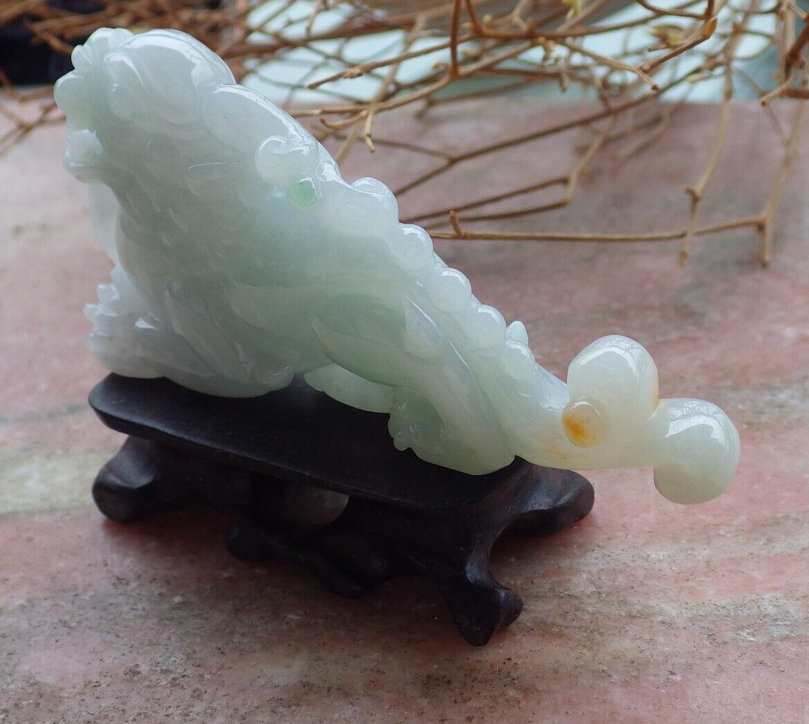 Certified Green Yellow 100% Burma Natural A Jade jadeite Display Dragon Pi Xiu Money Coin 风水貔貅 517740 ** Include woodstand ** TN