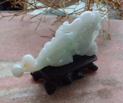 Certified Green Yellow 100% Burma Natural A Jade jadeite Display Dragon Pi Xiu Money Coin 风水貔貅 517740 ** Include woodstand ** TN