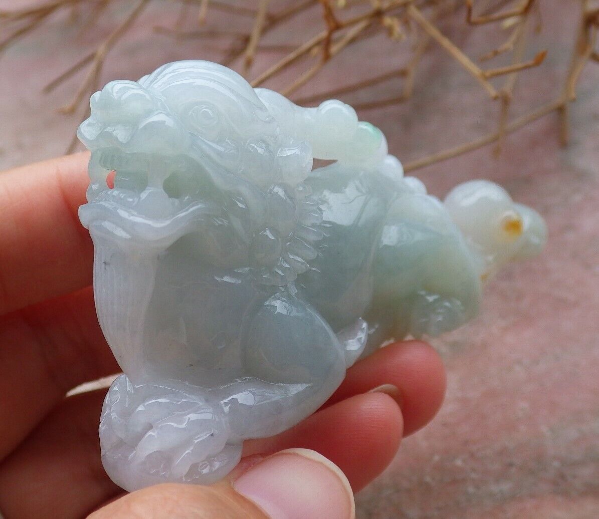 Certified Green Yellow 100% Burma Natural A Jade jadeite Display Dragon Pi Xiu Money Coin 风水貔貅 517740 ** Include woodstand ** TN