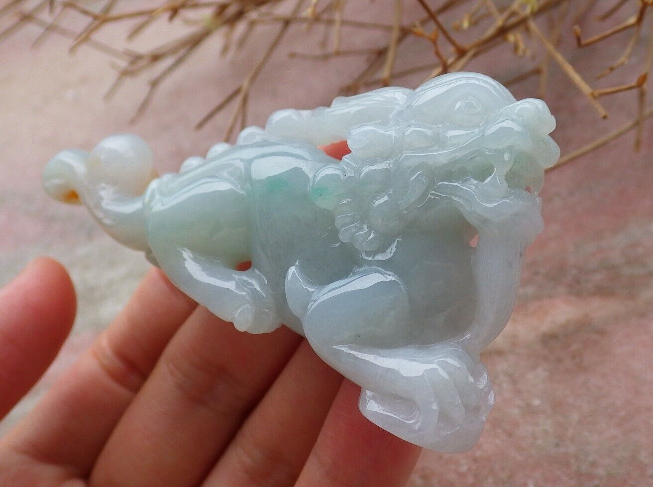 Certified Green Yellow 100% Burma Natural A Jade jadeite Display Dragon Pi Xiu Money Coin 风水貔貅 517740 ** Include woodstand ** TN