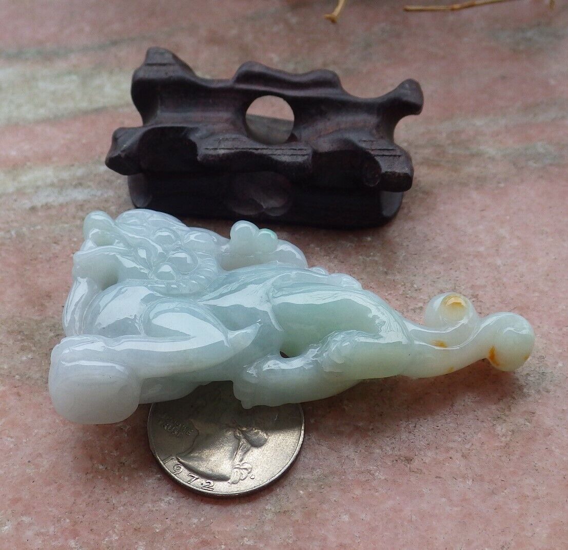 Certified Green Yellow 100% Burma Natural A Jade jadeite Display Dragon Pi Xiu Money Coin 风水貔貅 517740 ** Include woodstand ** TN