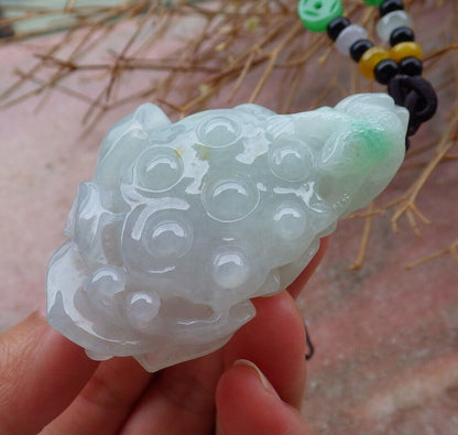 Certified Icy Green 100% Natural A Jade jadeite Pendant Frog Toad Lotus Flower Necklace 招财蟾 517851 TN