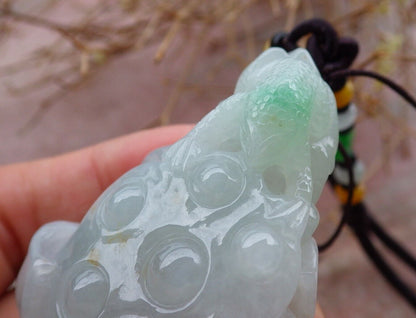 Certified Icy Green 100% Natural A Jade jadeite Pendant Frog Toad Lotus Flower Necklace 招财蟾 517851 TN