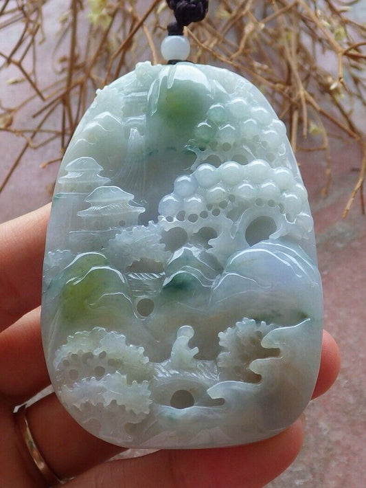 Certified Green Yellow Pale Lavender 100% Natural A Jade jadeite Landscape painting Tree Necklace 山水画 517936 TN
