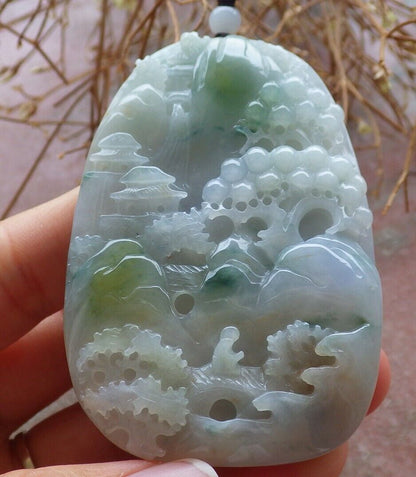 Certified Green Yellow Pale Lavender 100% Natural A Jade jadeite Landscape painting Tree Necklace 山水画 517936 TN