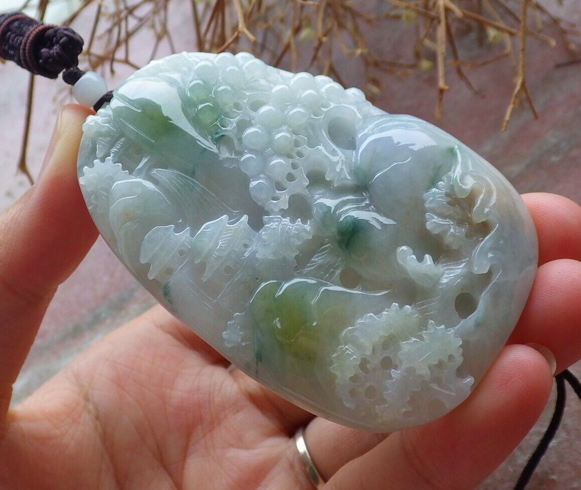 Certified Green Yellow Pale Lavender 100% Natural A Jade jadeite Landscape painting Tree Necklace 山水画 517936 TN