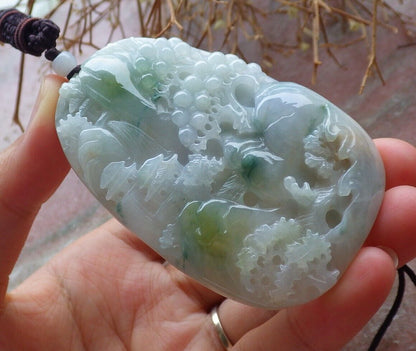 Certified Green Yellow Pale Lavender 100% Natural A Jade jadeite Landscape painting Tree Necklace 山水画 517936 TN
