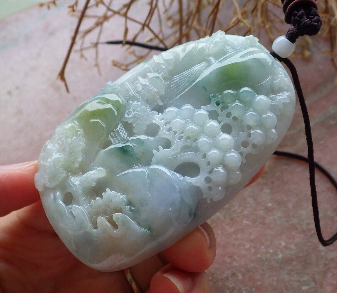 Certified Green Yellow Pale Lavender 100% Natural A Jade jadeite Landscape painting Tree Necklace 山水画 517936 TN