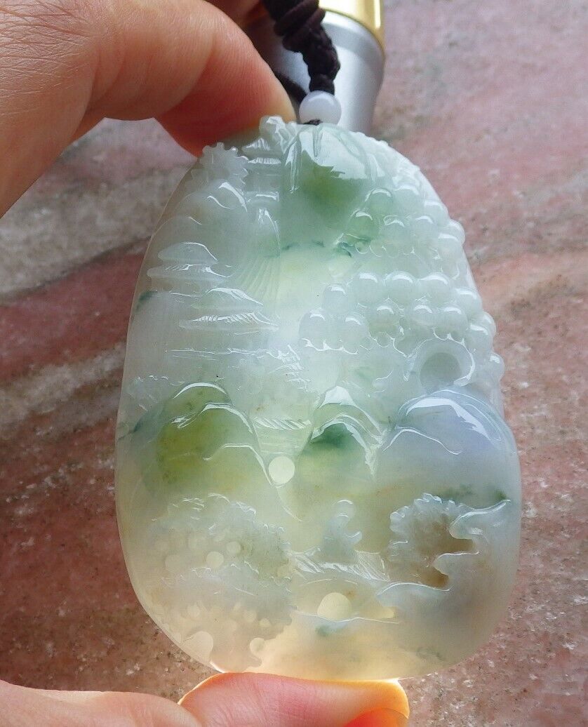 Certified Green Yellow Pale Lavender 100% Natural A Jade jadeite Landscape painting Tree Necklace 山水画 517936 TN