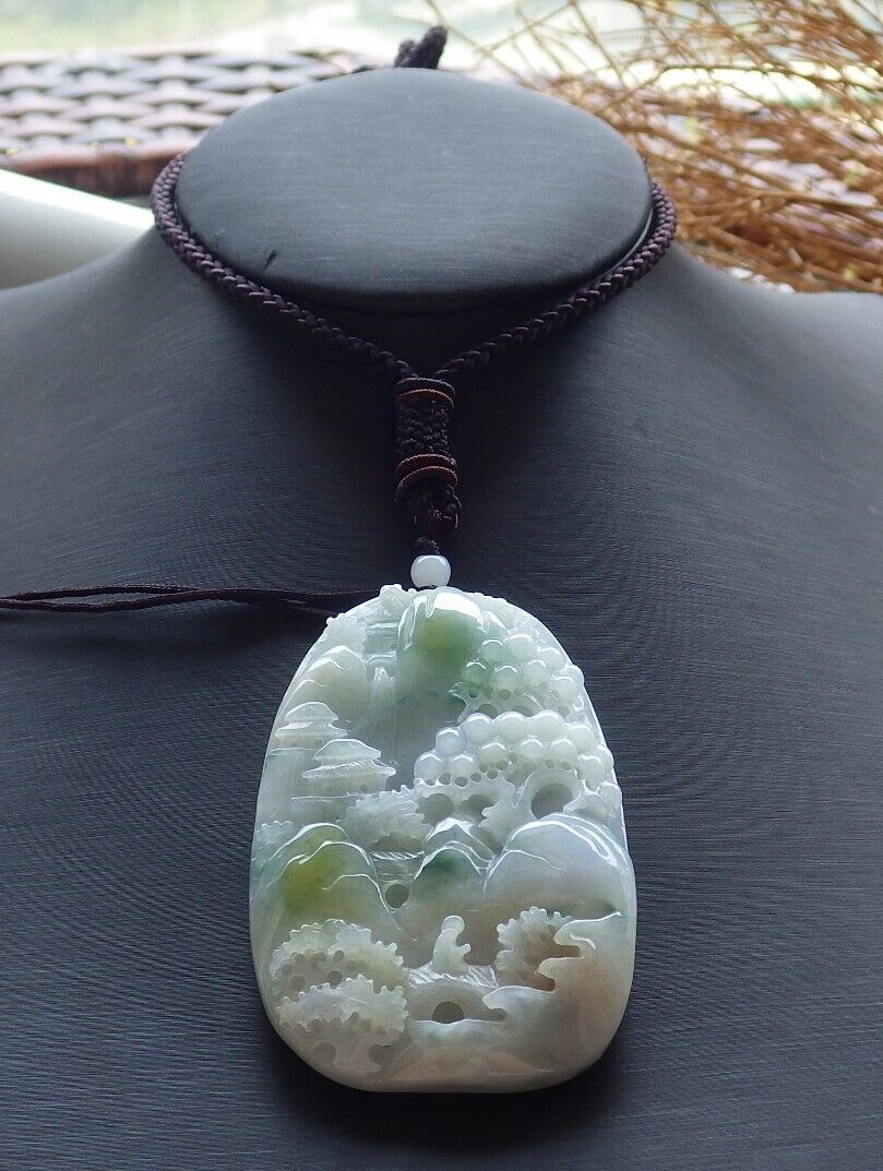 Certified Green Yellow Pale Lavender 100% Natural A Jade jadeite Landscape painting Tree Necklace 山水画 517936 TN