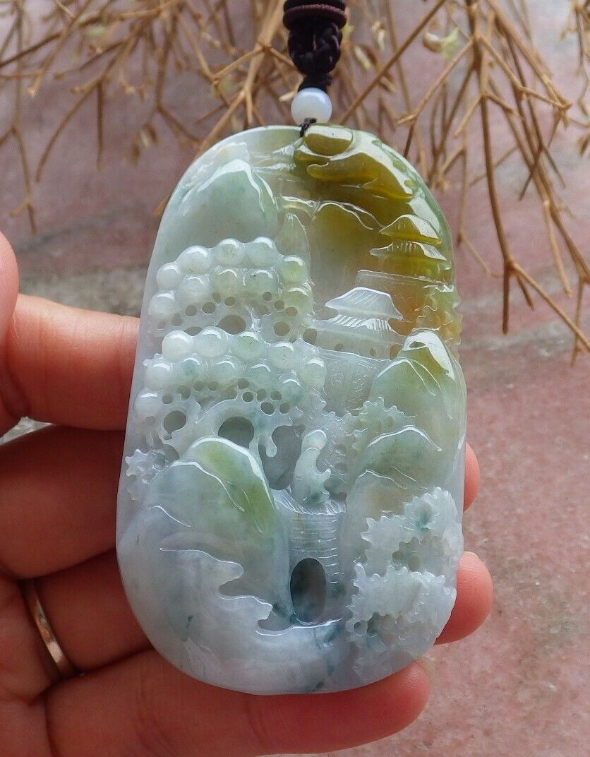 Certified Green Yellow Pale Lavender 100% Burma Natural A Jade jadeite Landscape painting Tree Necklace 山水画 518020 TN
