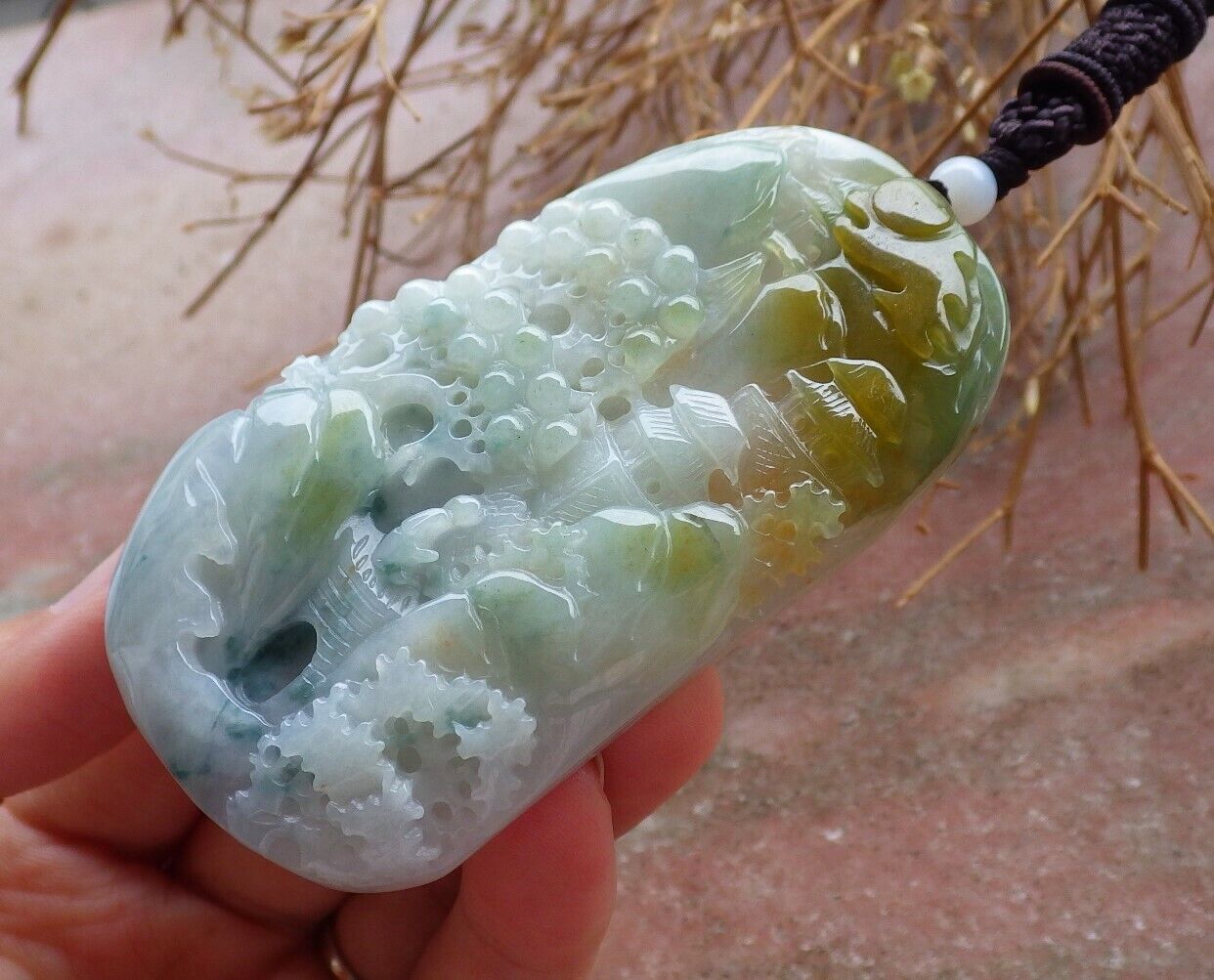 Certified Green Yellow Pale Lavender 100% Burma Natural A Jade jadeite Landscape painting Tree Necklace 山水画 518020 TN