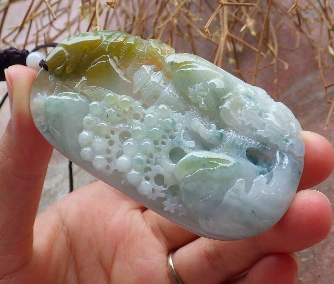 Certified Green Yellow Pale Lavender 100% Burma Natural A Jade jadeite Landscape painting Tree Necklace 山水画 518020 TN