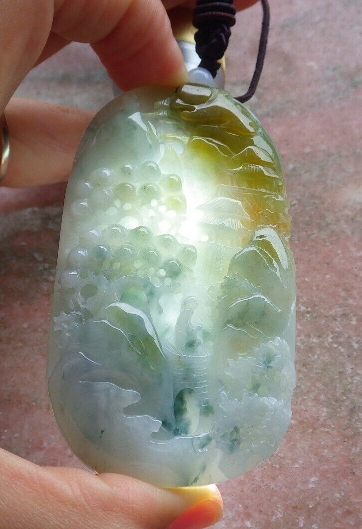 Certified Green Yellow Pale Lavender 100% Burma Natural A Jade jadeite Landscape painting Tree Necklace 山水画 518020 TN