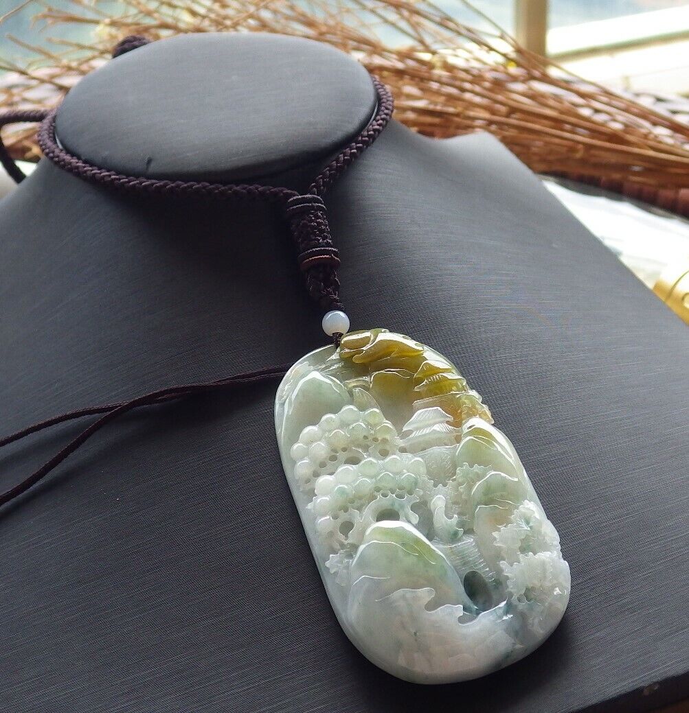 Certified Green Yellow Pale Lavender 100% Burma Natural A Jade jadeite Landscape painting Tree Necklace 山水画 518020 TN
