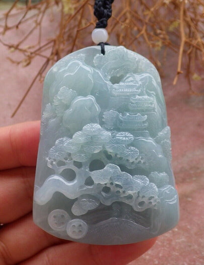 Certified Green Pale Lavender 100% Natural A Jade jadeite Landscape painting Tree Necklace Necklace 山水画 518399 TN