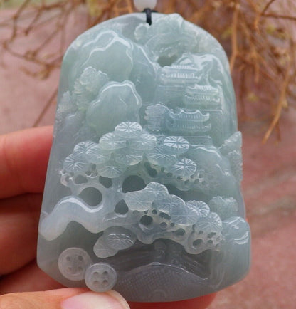 Certified Green Pale Lavender 100% Natural A Jade jadeite Landscape painting Tree Necklace Necklace 山水画 518399 TN