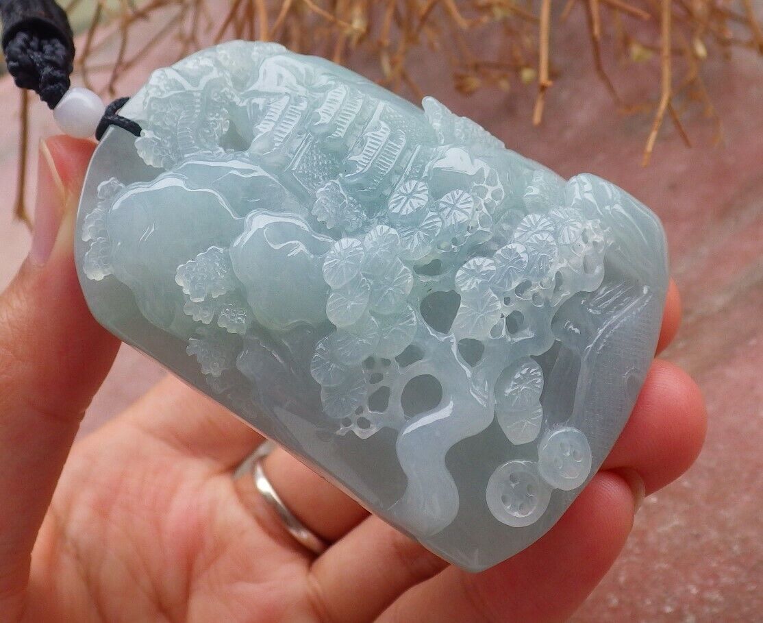 Certified Green Pale Lavender 100% Natural A Jade jadeite Landscape painting Tree Necklace Necklace 山水画 518399 TN