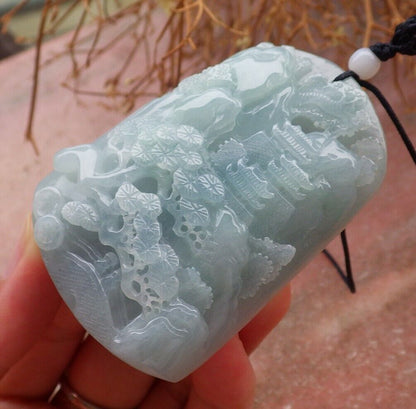 Certified Green Pale Lavender 100% Natural A Jade jadeite Landscape painting Tree Necklace Necklace 山水画 518399 TN