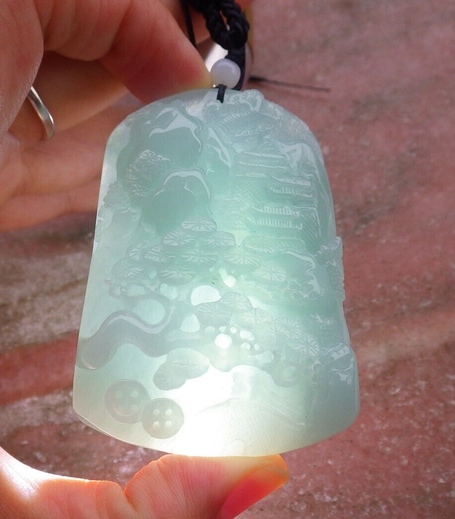 Certified Green Pale Lavender 100% Natural A Jade jadeite Landscape painting Tree Necklace Necklace 山水画 518399 TN