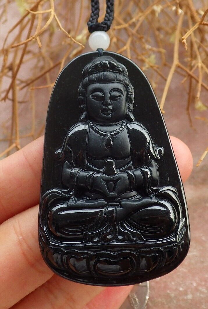 Certified Green Black 100% Burma Natural A Jade jadeite pendant Guanyin Kwan Yin Lotus Flower Necklace墨翠 观音 518432 TN