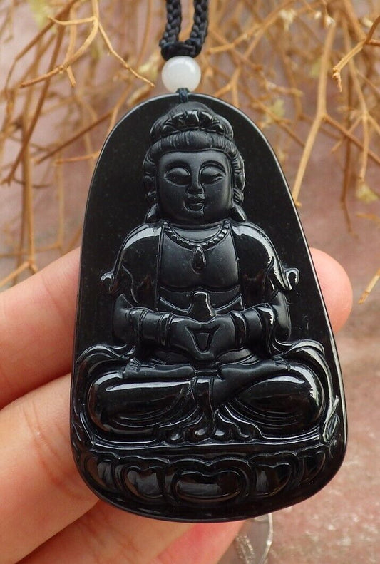 Certified Green Black 100% Burma Natural A Jade jadeite pendant Guanyin Kwan Yin Lotus Flower Necklace墨翠 观音 518432 TN