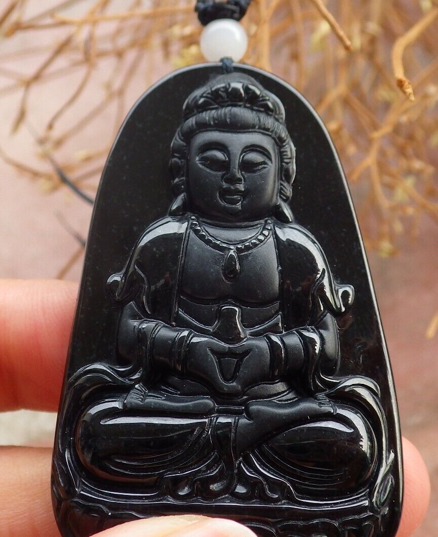 Certified Green Black 100% Burma Natural A Jade jadeite pendant Guanyin Kwan Yin Lotus Flower Necklace墨翠 观音 518432 TN