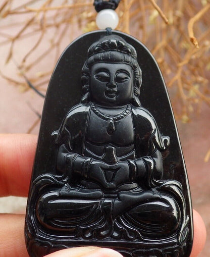 Certified Green Black 100% Burma Natural A Jade jadeite pendant Guanyin Kwan Yin Lotus Flower Necklace墨翠 观音 518432 TN
