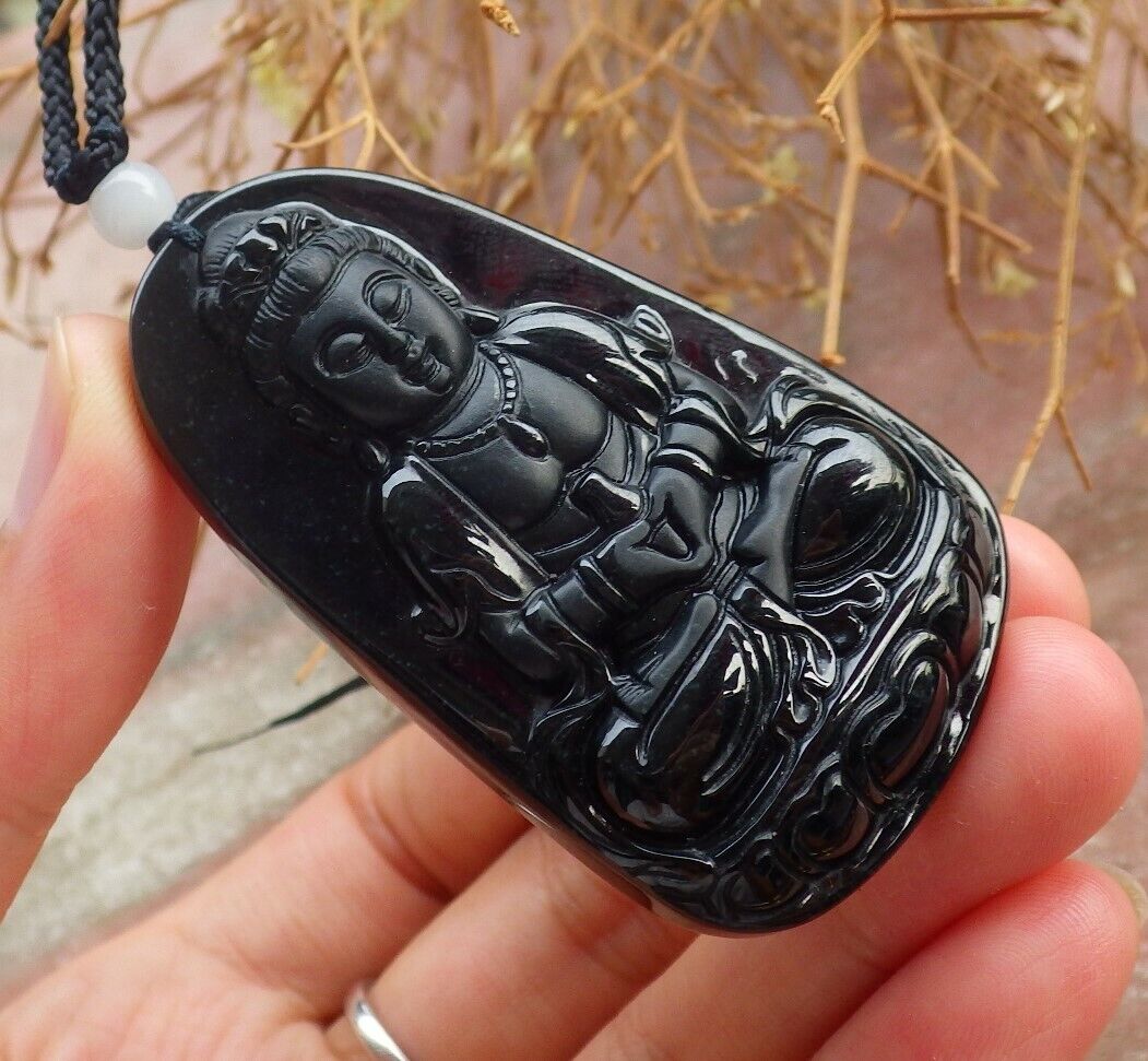 Certified Green Black 100% Burma Natural A Jade jadeite pendant Guanyin Kwan Yin Lotus Flower Necklace墨翠 观音 518432 TN
