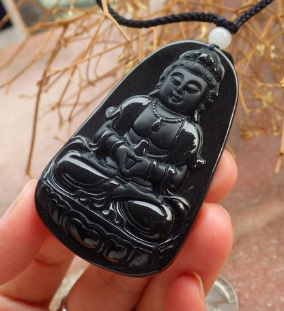 Certified Green Black 100% Burma Natural A Jade jadeite pendant Guanyin Kwan Yin Lotus Flower Necklace墨翠 观音 518432 TN