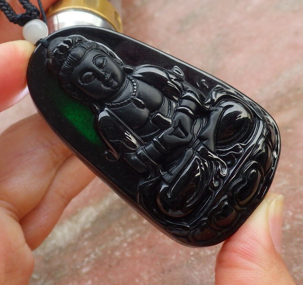 Certified Green Black 100% Burma Natural A Jade jadeite pendant Guanyin Kwan Yin Lotus Flower Necklace墨翠 观音 518432 TN