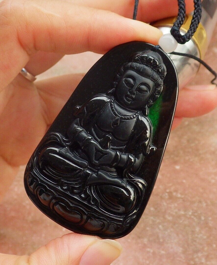 Certified Green Black 100% Burma Natural A Jade jadeite pendant Guanyin Kwan Yin Lotus Flower Necklace墨翠 观音 518432 TN
