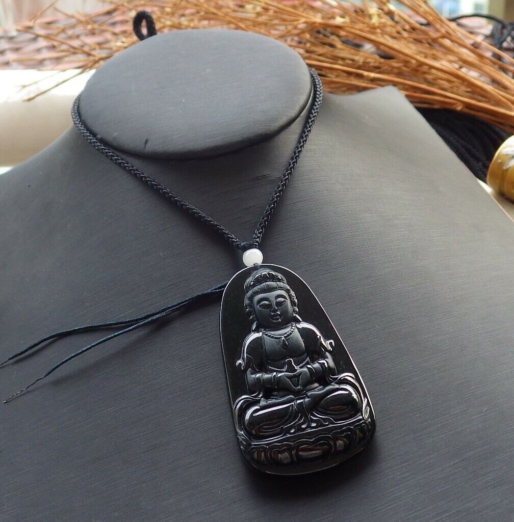 Certified Green Black 100% Burma Natural A Jade jadeite pendant Guanyin Kwan Yin Lotus Flower Necklace墨翠 观音 518432 TN