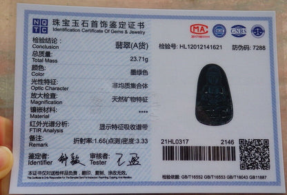Certified Green Black 100% Burma Natural A Jade jadeite pendant Guanyin Kwan Yin Lotus Flower Necklace墨翠 观音 518432 TN