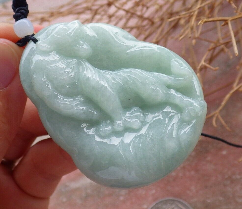 Certified Green 100% Burma Natural A Jade jadeite pendant Tiger Necklace 虎虎生威 518566 TN