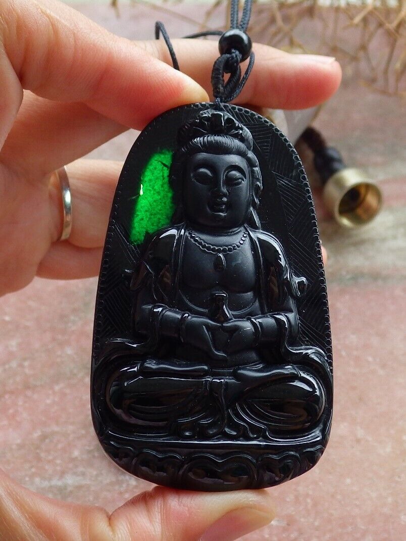 Certified Green Black 100% Burma Natural A Jade jadeite pendant Guanyin Kwan Yin Lotus Flower Necklace 墨翠 观音 518658 TN