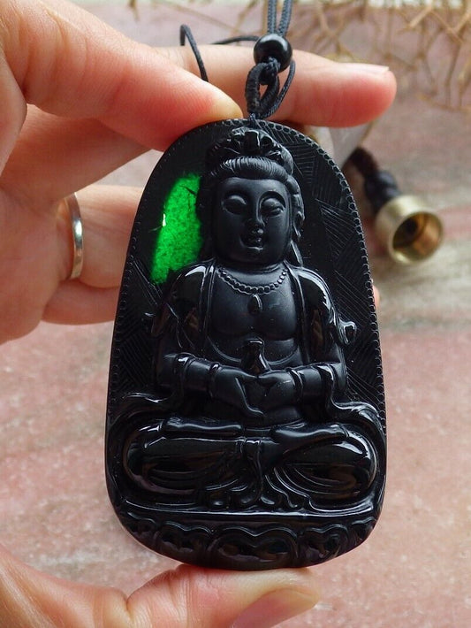Certified Green Black 100% Burma Natural A Jade jadeite pendant Guanyin Kwan Yin Lotus Flower Necklace 墨翠 观音 518658 TN