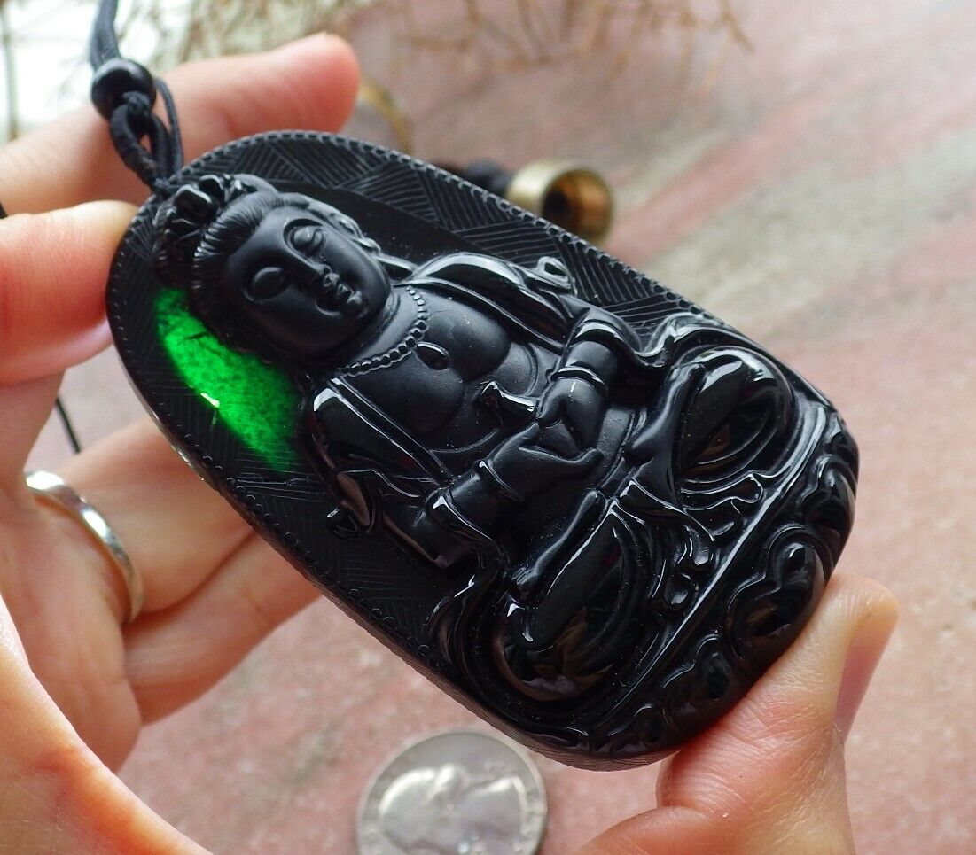 Certified Green Black 100% Burma Natural A Jade jadeite pendant Guanyin Kwan Yin Lotus Flower Necklace 墨翠 观音 518658 TN