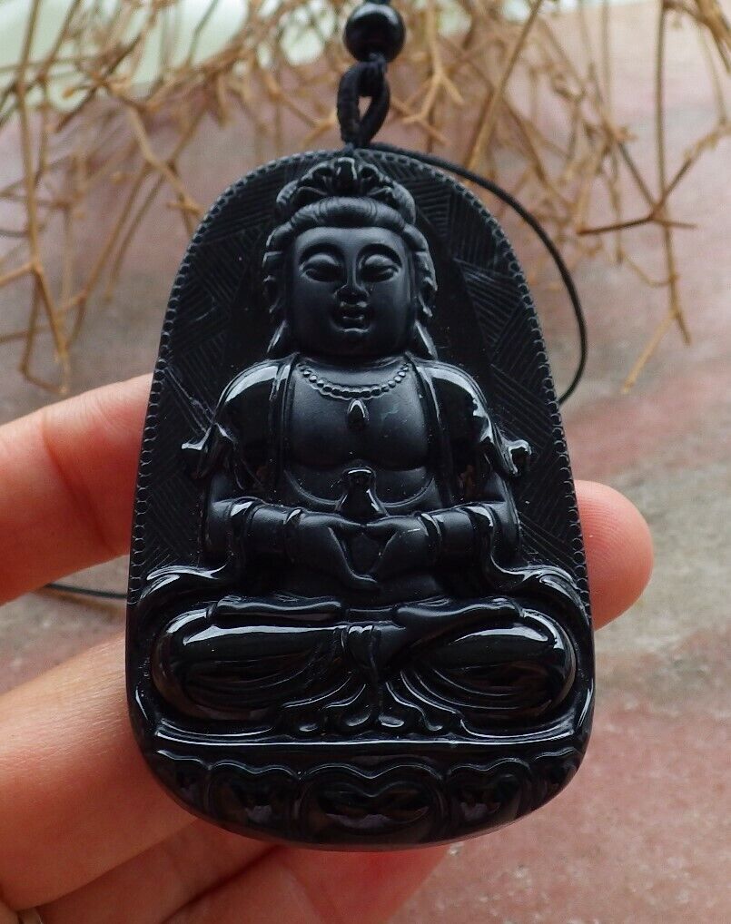 Certified Green Black 100% Burma Natural A Jade jadeite pendant Guanyin Kwan Yin Lotus Flower Necklace 墨翠 观音 518658 TN