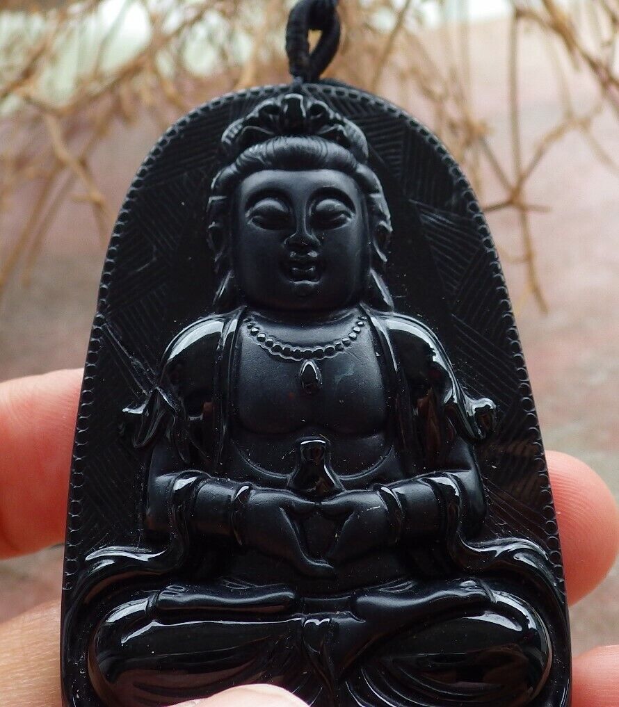 Certified Green Black 100% Burma Natural A Jade jadeite pendant Guanyin Kwan Yin Lotus Flower Necklace 墨翠 观音 518658 TN