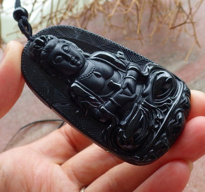 Certified Green Black 100% Burma Natural A Jade jadeite pendant Guanyin Kwan Yin Lotus Flower Necklace 墨翠 观音 518658 TN