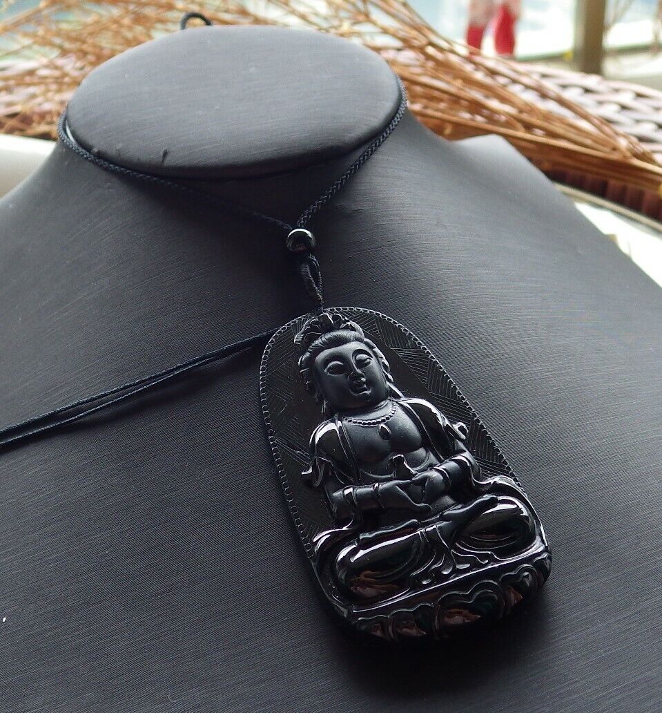 Certified Green Black 100% Burma Natural A Jade jadeite pendant Guanyin Kwan Yin Lotus Flower Necklace 墨翠 观音 518658 TN