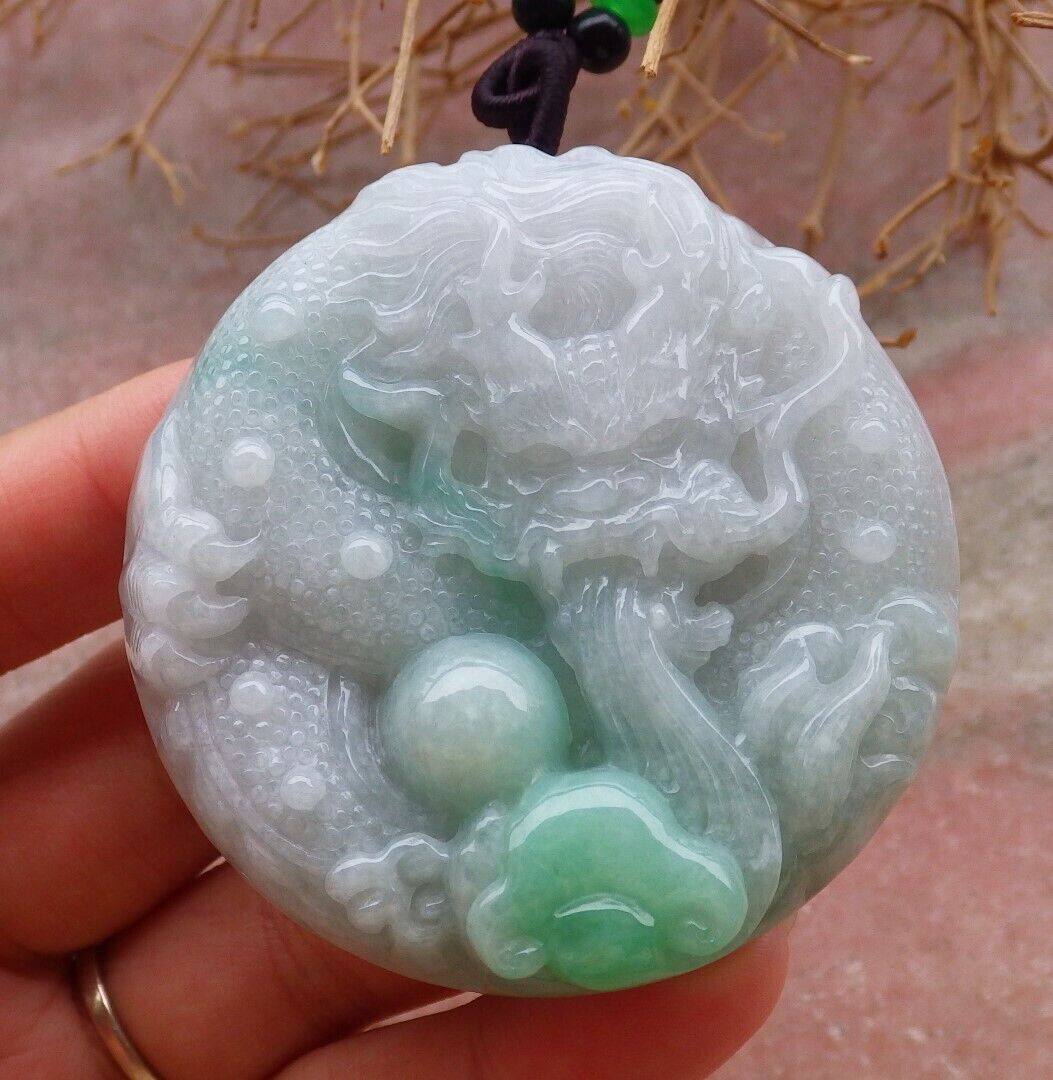 Certified Green 100% Burma Natural A Jade jadeite pendant Dragon Lotus Flower Ruyi Bead Necklace 生意兴隆 518842 TN