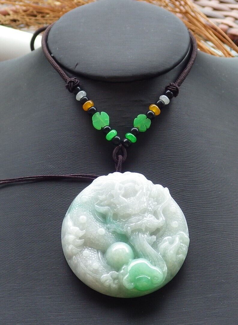 Certified Green 100% Burma Natural A Jade jadeite pendant Dragon Lotus Flower Ruyi Bead Necklace 生意兴隆 518842 TN