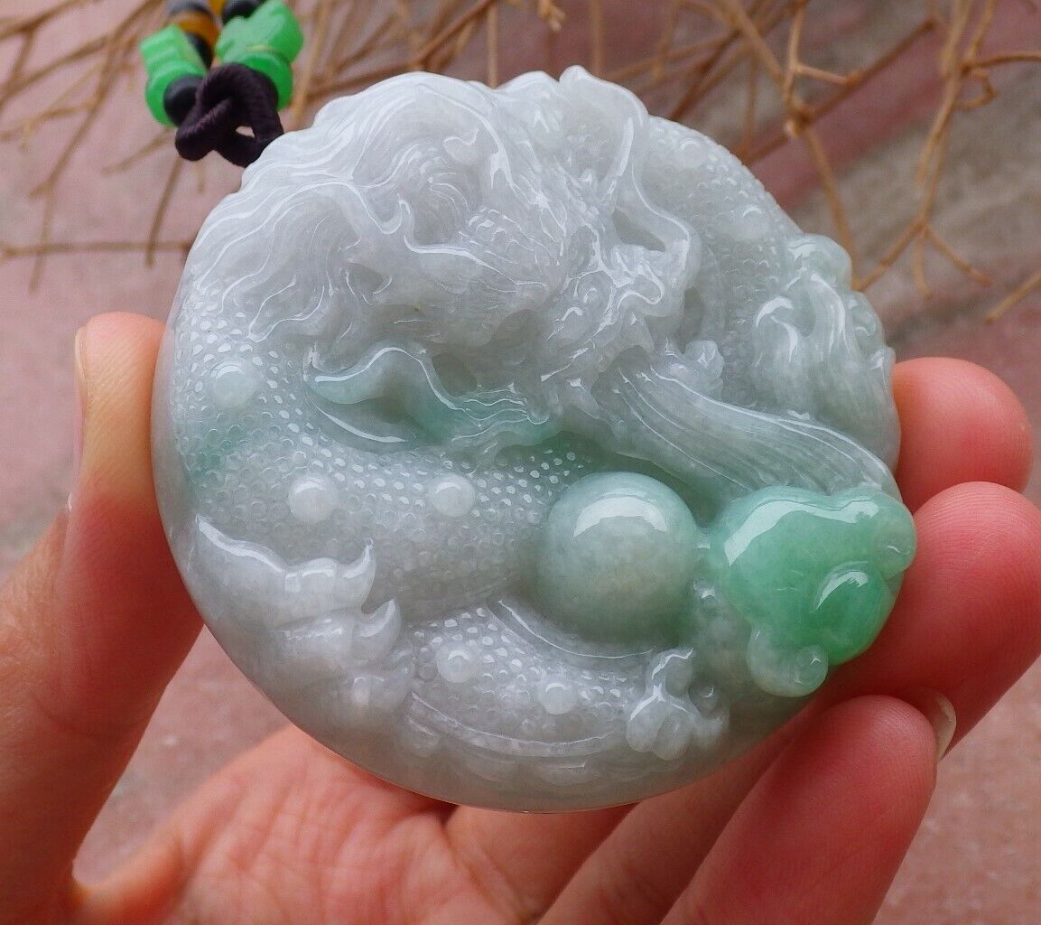 Certified Green 100% Burma Natural A Jade jadeite pendant Dragon Lotus Flower Ruyi Bead Necklace 生意兴隆 518842 TN