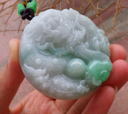 Certified Green 100% Burma Natural A Jade jadeite pendant Dragon Lotus Flower Ruyi Bead Necklace 生意兴隆 518842 TN
