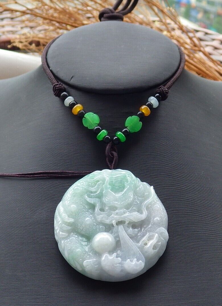 Certified Green 100% Burma Natural A Jade jadeite pendant Dragon Bead Necklace 生意兴隆 518877 TN