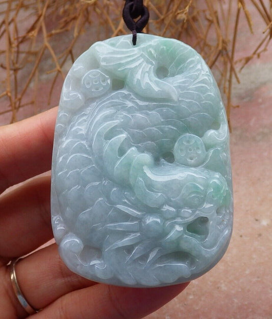 Certified Green Pale Lavender 100% Burma Natural A Jade jadeite pendant Dragon Fish Money Coin Necklace 龙鱼 518902 TN