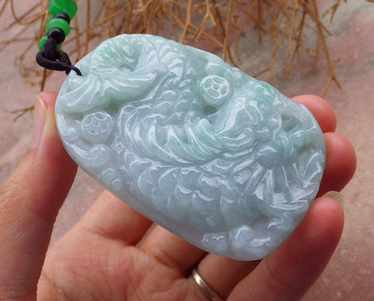 Certified Green Pale Lavender 100% Burma Natural A Jade jadeite pendant Dragon Fish Money Coin Necklace 龙鱼 518902 TN