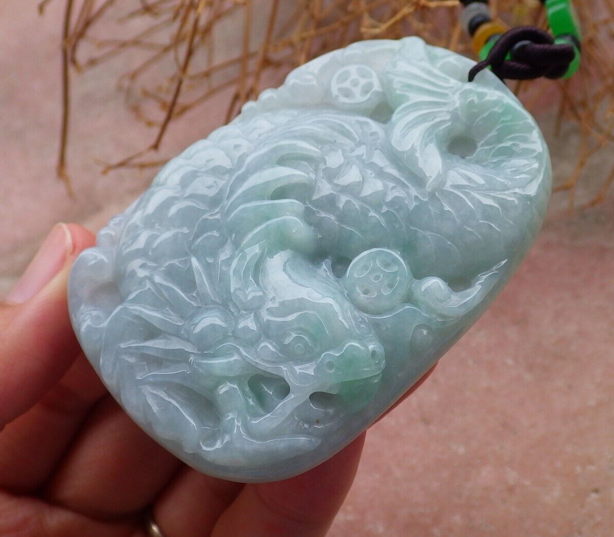 Certified Green Pale Lavender 100% Burma Natural A Jade jadeite pendant Dragon Fish Money Coin Necklace 龙鱼 518902 TN